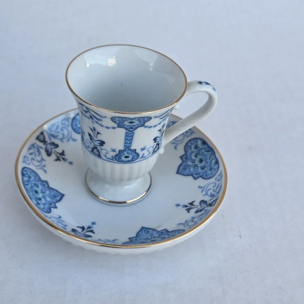 Vintage Avon Teacup and Saucer Set 1984 Blue White Gold Trim Cottagecore Dainty